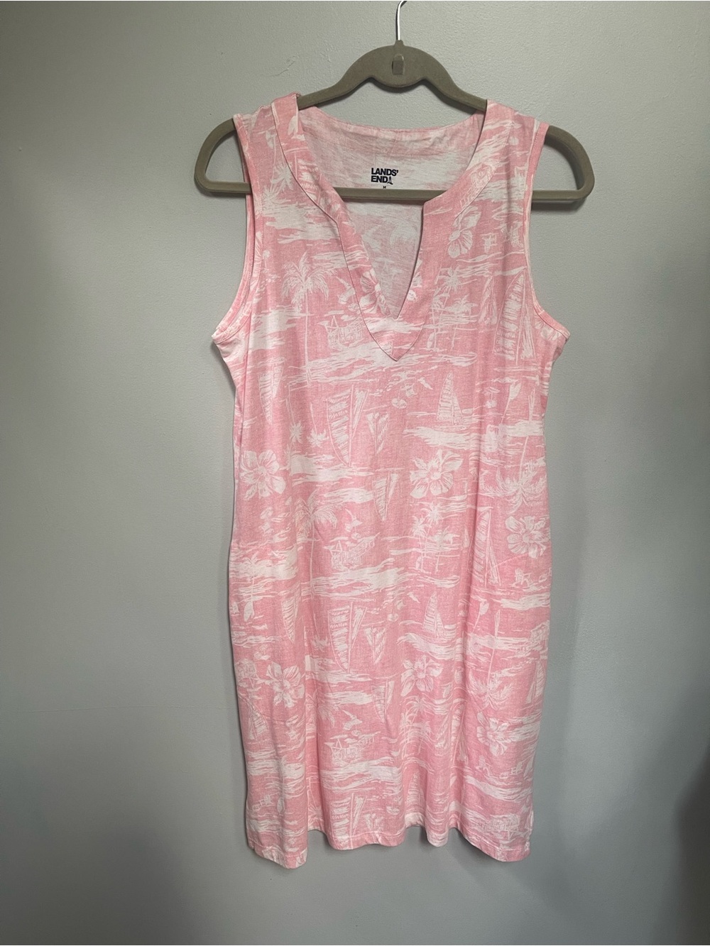 Lands' End Pink & White Tropical V‑Neck Sleeveless Dress